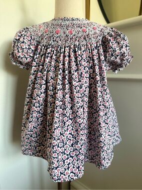 Smock Dot Kids Floral Hand Smocked Blouse Girls 3T 4T Navy Pink Cotton Boutique